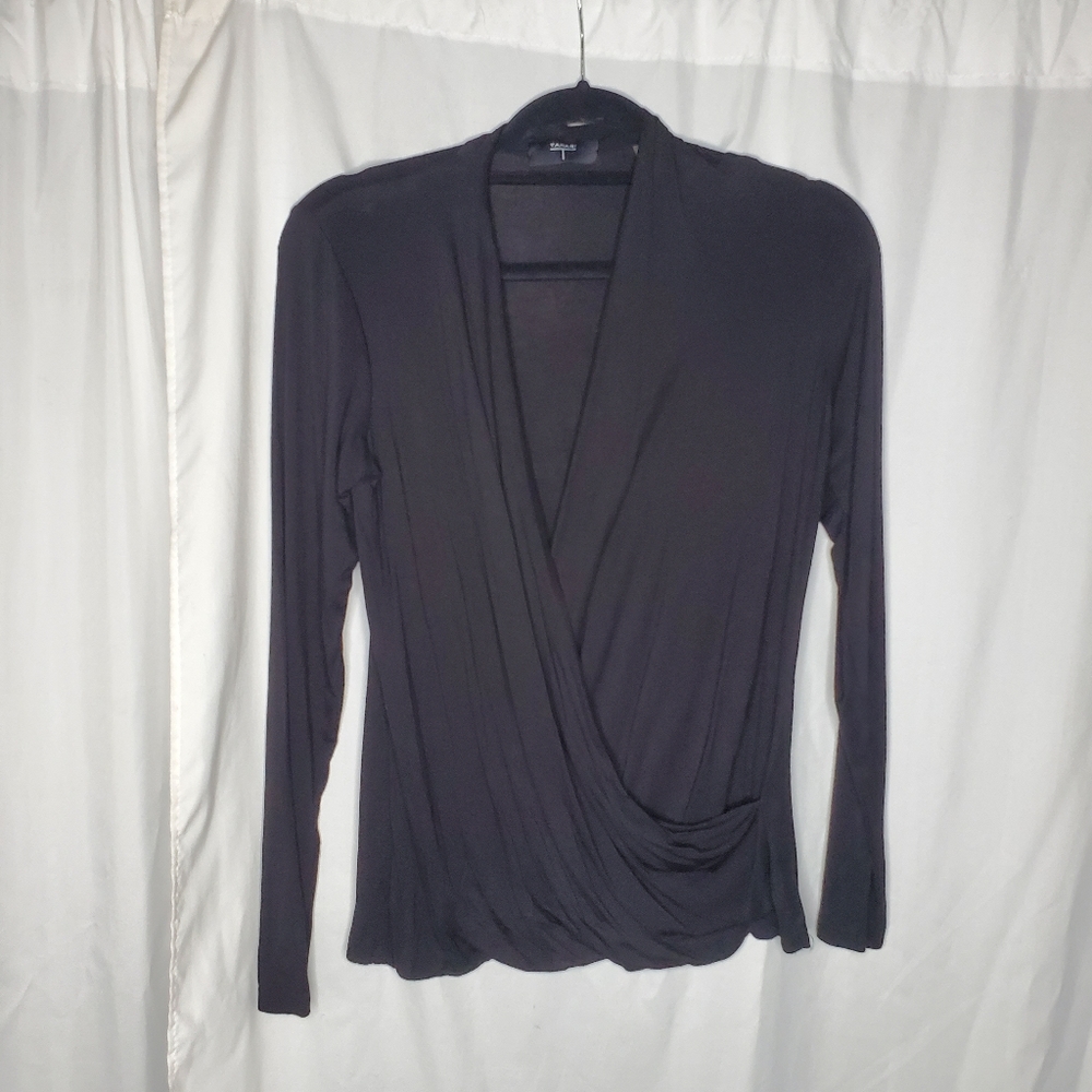 ♤ T Tahari Black Draped Surplice Front Blouse Size Medium